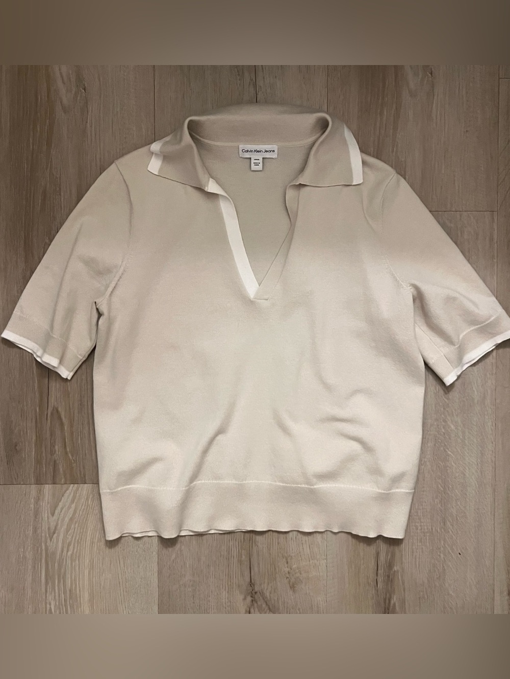 Calvin Klein Jeans Cream Polo Sweater with White Trim